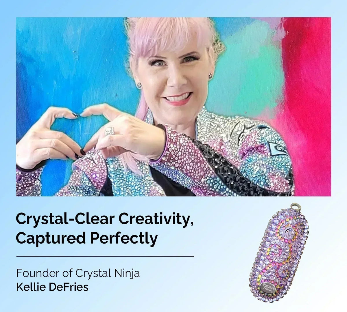 Kellie DeFries, Founder of Crystal Ninja, with a custom crystal-covered Plaud NotePin AI voice recorder.