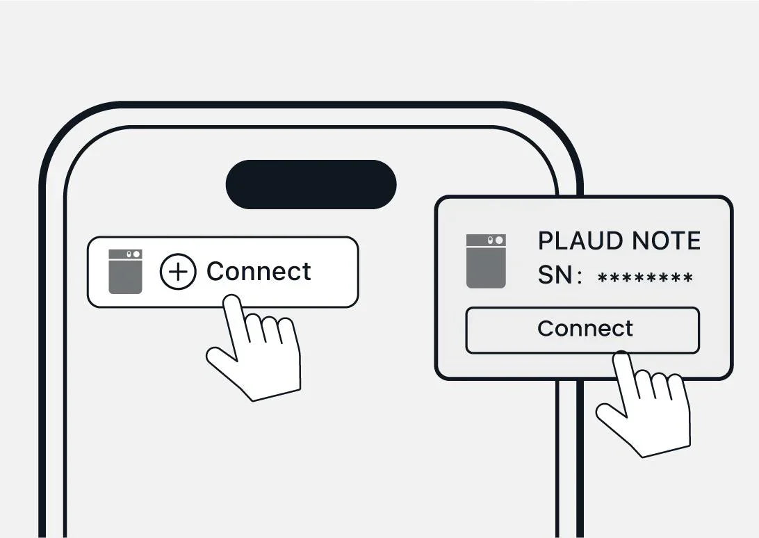 Steps to connect a PLAUD NOTE device within the mobile app interface.