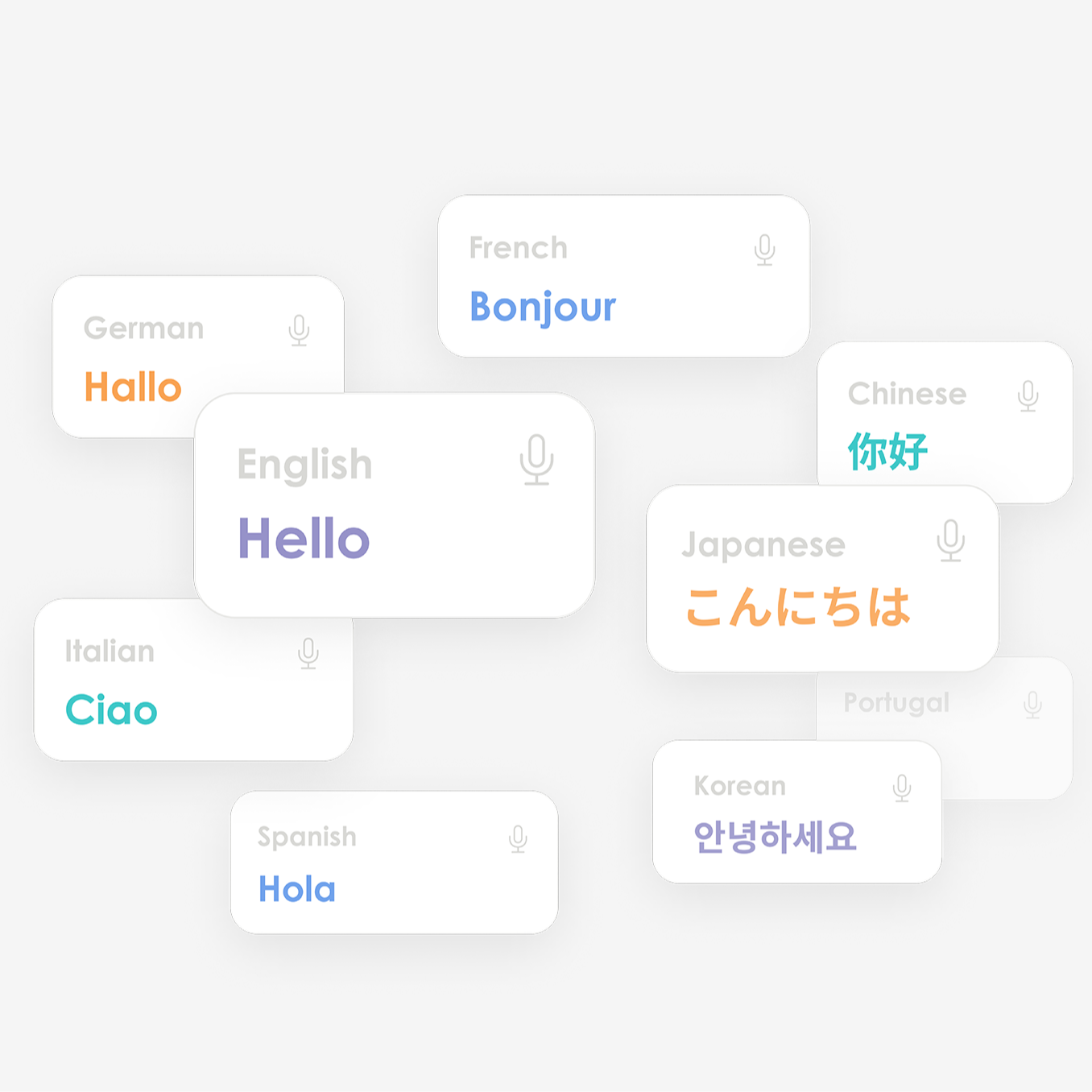 Floating cards display 'Hello' in various languages, illustrating Plaud Intelligence's multi-language support.