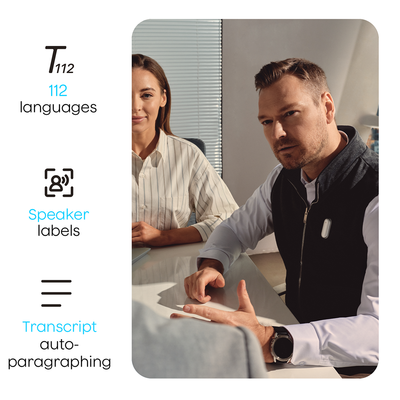 Man wearing Plaud NotePin in a meeting. Features: 112 languages, speaker labels, and transcript auto-paragraphing.
