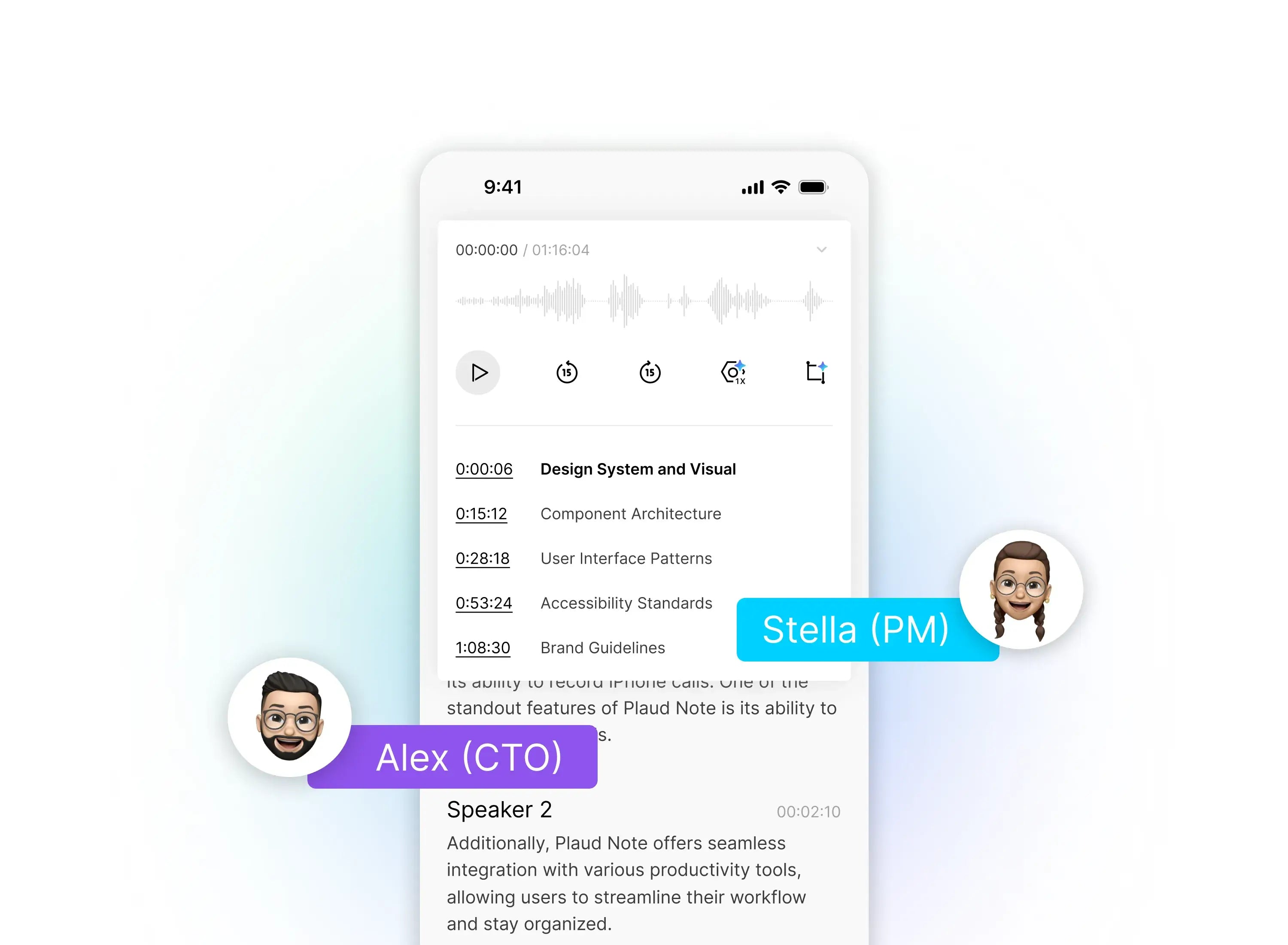 Plaud app interface showing speaker identification for Alex (CTO) and Stella (PM) in a meeting transcript.
