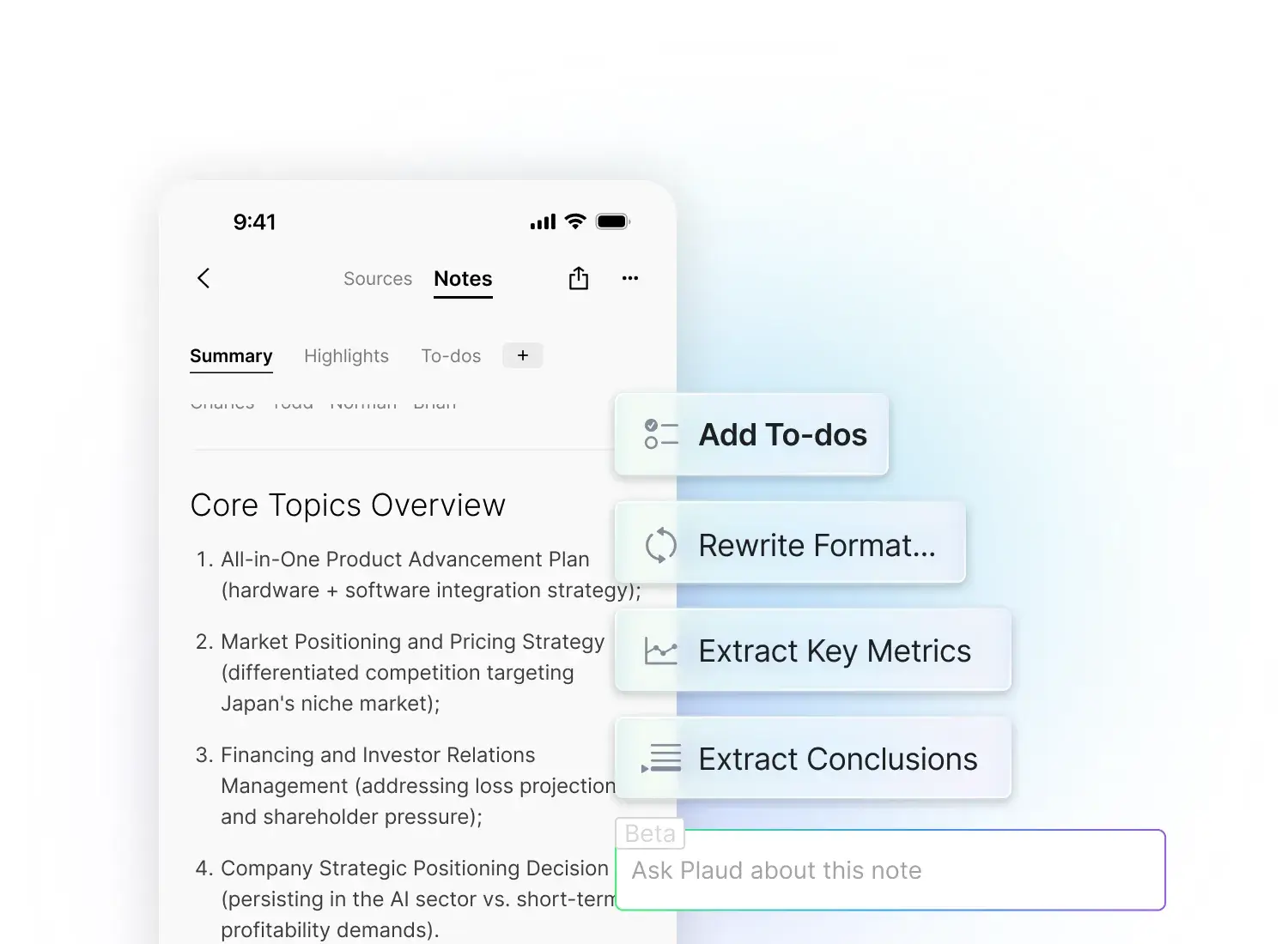 Plaud app interface showing AI features to extract conclusions, metrics, and to-dos from a meeting summary.