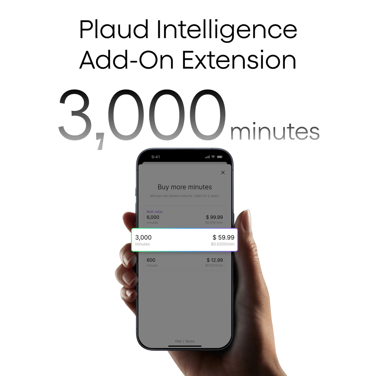 Plaud Intelligence Add-On Extension offering 3,000 minutes for $59.99 via the mobile app.