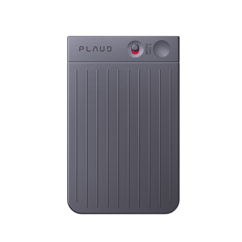 Front view of the slim, grey PLAUD NOTE AI voice recorder featuring vertical ridges and a dual-engine recording switch.