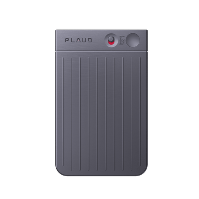 Front view of the slim, grey PLAUD NOTE AI voice recorder featuring vertical ridges and a dual-engine recording switch.