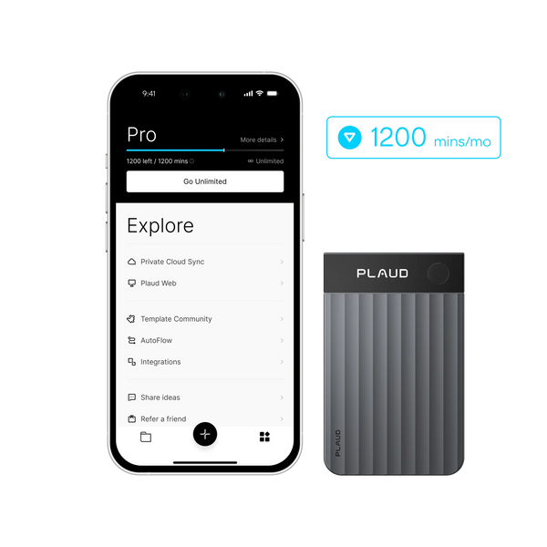 Plaud Note with the Plaud app displaying the Pro plan's 1200 minutes per month transcription quota.