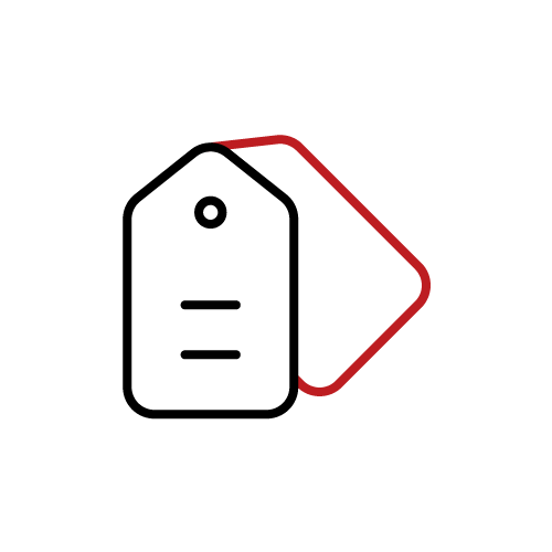 Price tags icon in black and red, representing pricing plans or special offers.