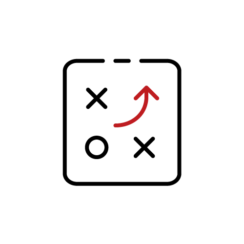 Strategy icon with X and O marks and a red arrow indicating a plan of action.