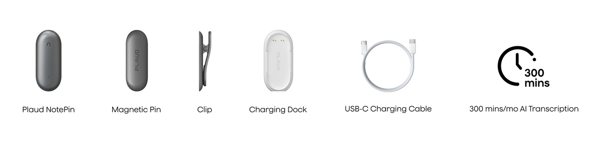 Plaud NotePin with magnetic pin, clip, charging dock, USB-C cable, and 300 minutes of monthly AI transcription.