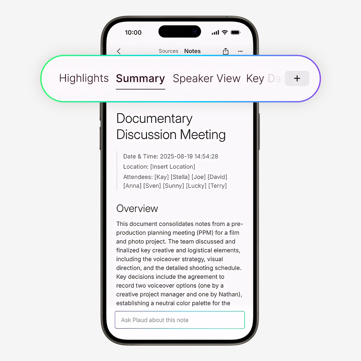 Plaud app interface showing an AI-generated meeting summary with tabs for Highlights, Summary, and Speaker View.