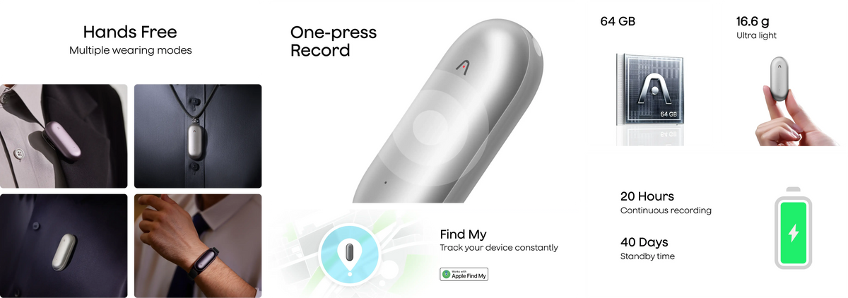 Plaud NotePin features: hands-free wearing, one-press recording, Apple Find My, 64GB storage, and 20h recording time.