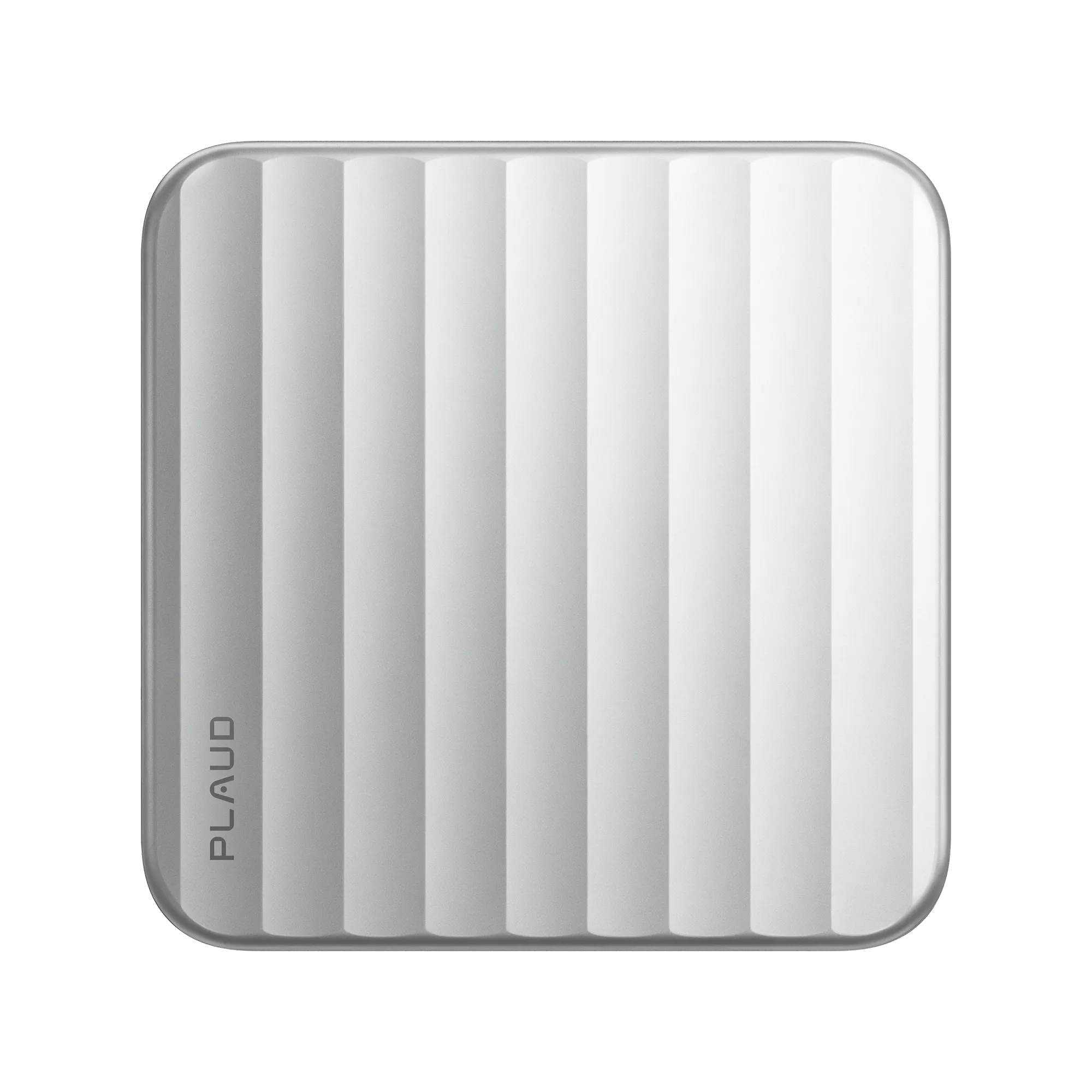 A silver, square-shaped device with rounded corners and vertical grooves, Plaud One displays the word PLAUD on its lower left side against a plain white background. Be among the first to own Plaud One by joining the waitlist or placing a pre-order today.