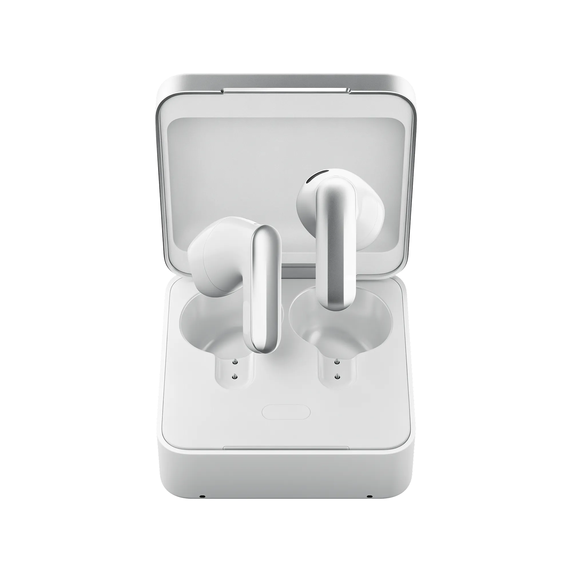 A pair of white Plaud One wireless earbuds rest inside an open, matching charging case, viewed from above against a simple light background—an elegant image of this inventory-limited product now open for pre-order.