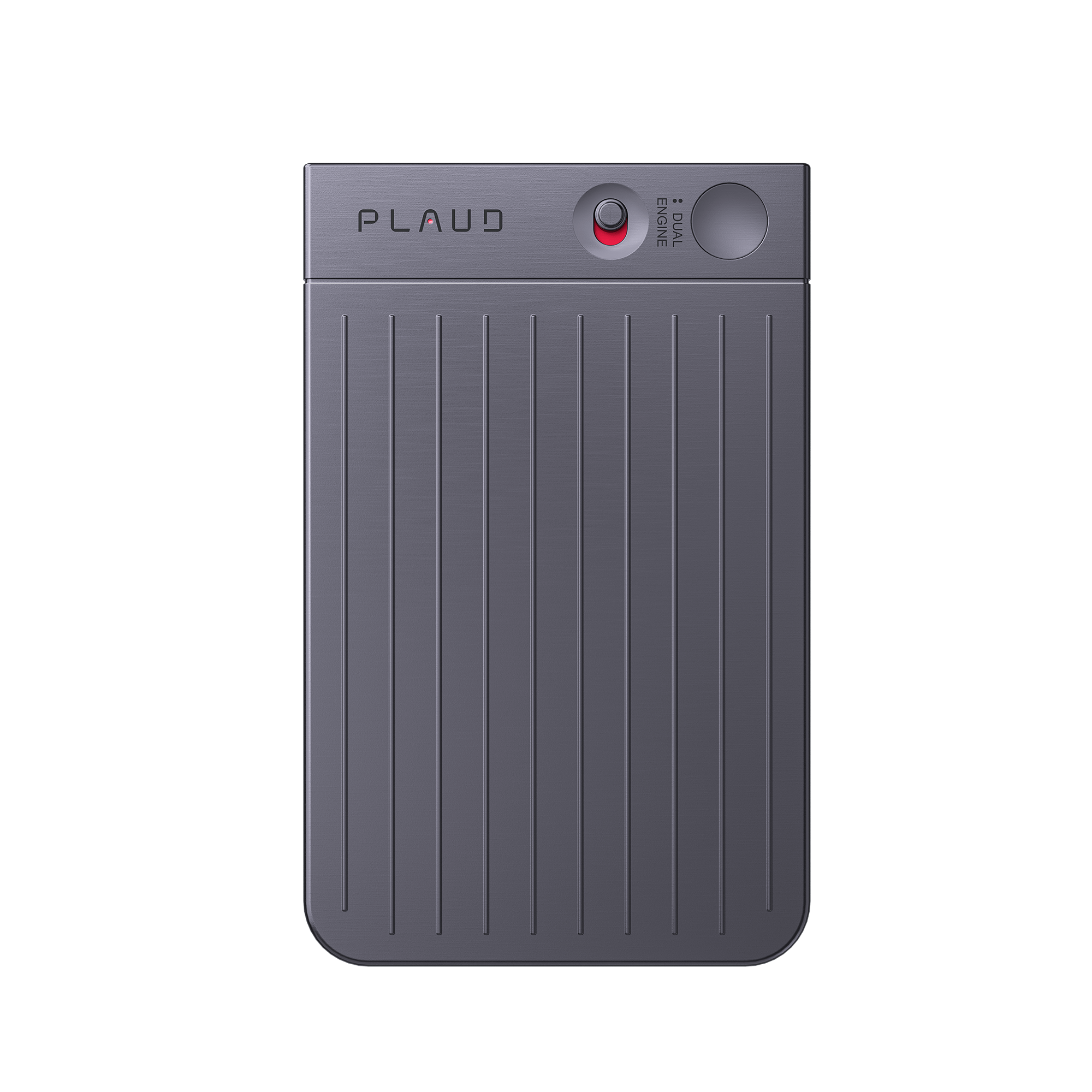 Front view of the gray PLAUD NOTE AI voice recorder featuring a dual-engine recording switch and vertical grooves.