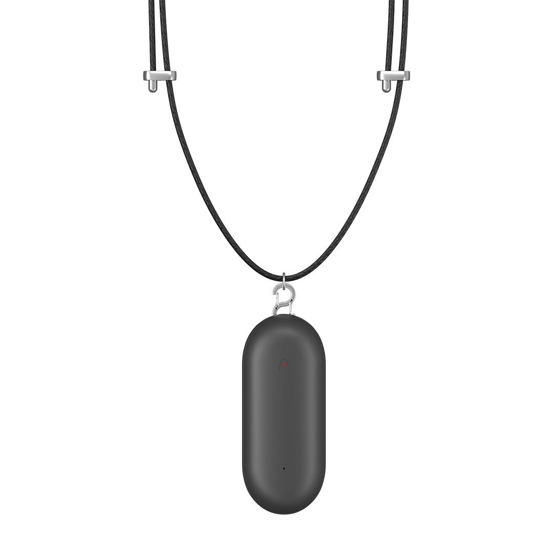 Plaud NotePin AI voice recorder in Cosmic Gray attached to a black lanyard necklace.