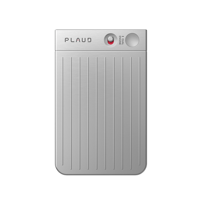 Silver Plaud Note AI voice recorder with vertical ridges, a dual engine switch, and a recording button.