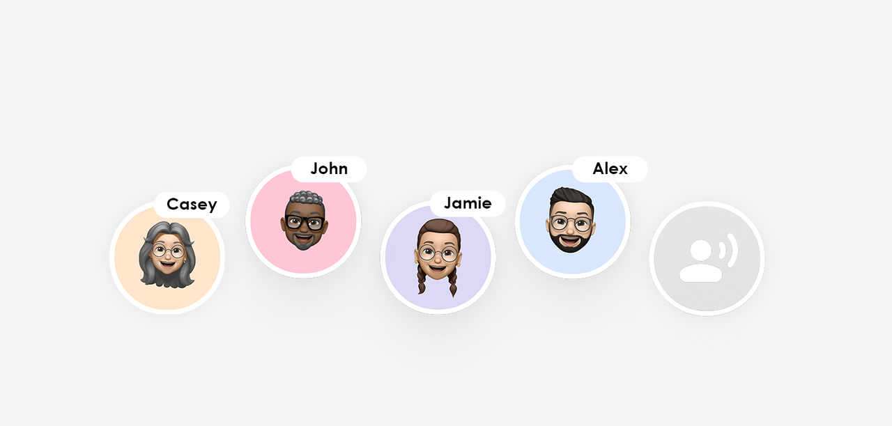 Plaud Intelligence speaker identification showing labeled avatars for Casey, John, Jamie, and Alex.