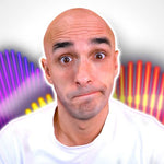 A man with a skeptical expression against a colorful, neon soundwave background.
