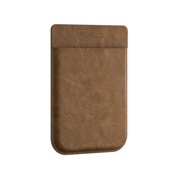 Brown leather case for the Plaud Note AI voice recorder with embossed Plaud logo.