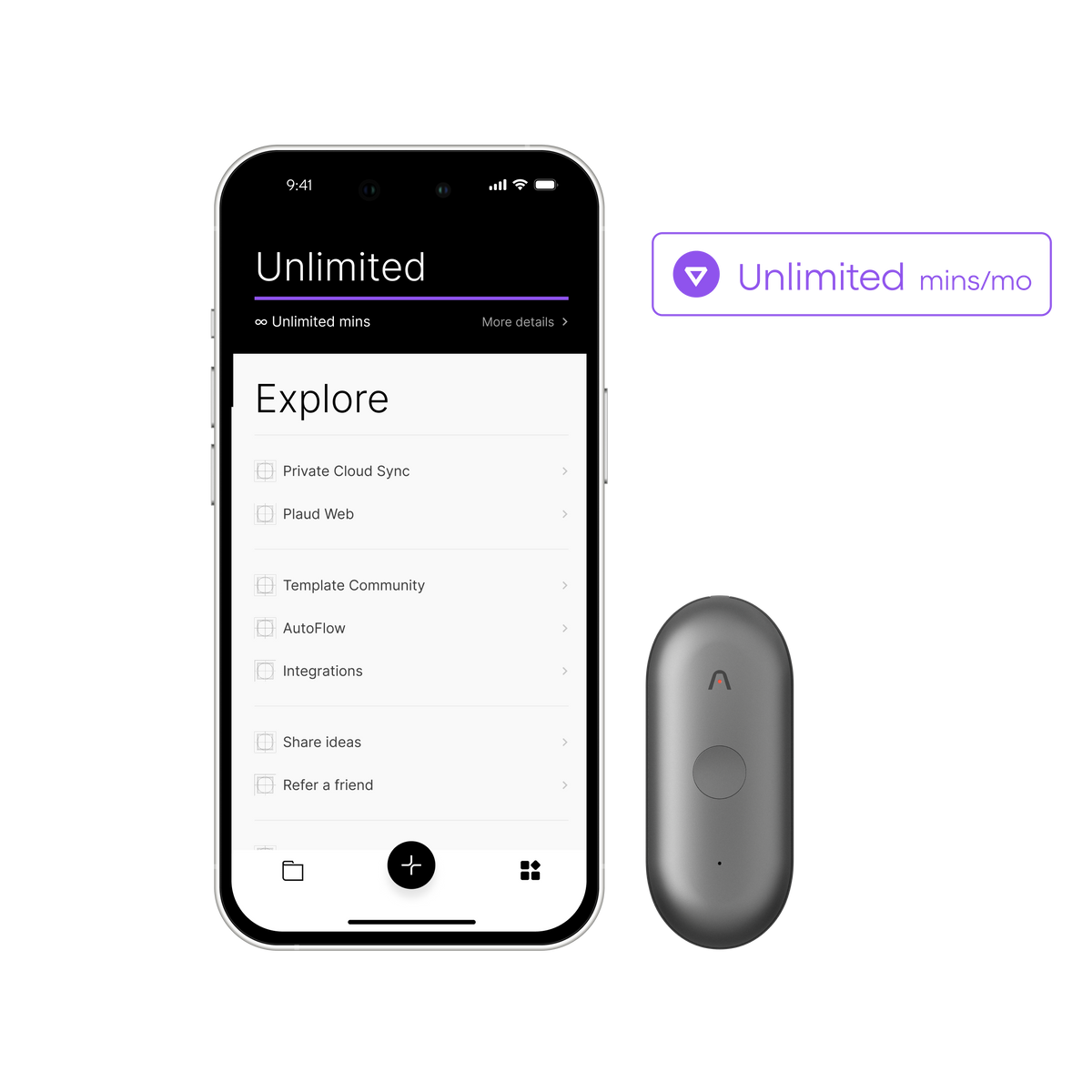 A smartphone displaying the Plaud NotePin & AI Annual Unlimited Plan app with a small, gray, oval device beside it. A purple icon shows “Unlimited mins/mo” on a light background, emphasizing features like unlimited transcription and advanced AI-powered transcribing capabilities.