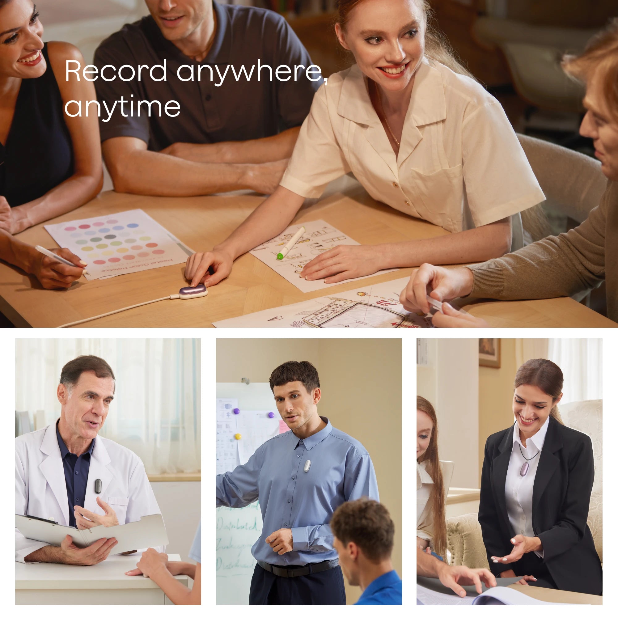 People using the Plaud NotePin to record anywhere, anytime, in medical, office, and meeting settings.