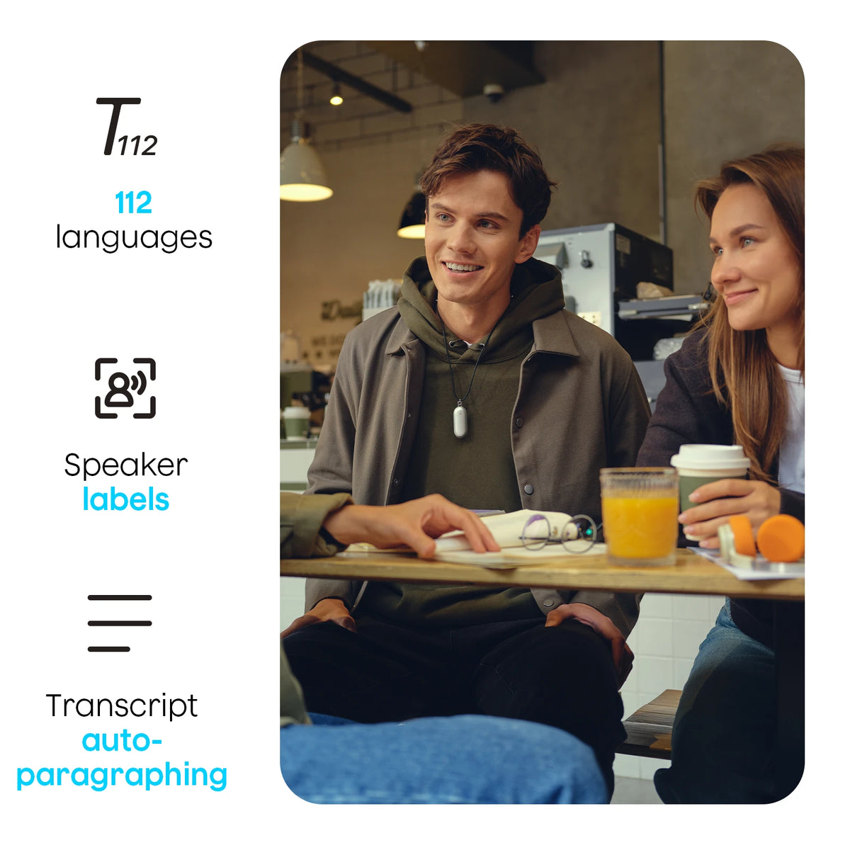 Plaud NotePin worn by a man in a cafe, featuring 112 languages, speaker labels, and transcript auto-paragraphing.