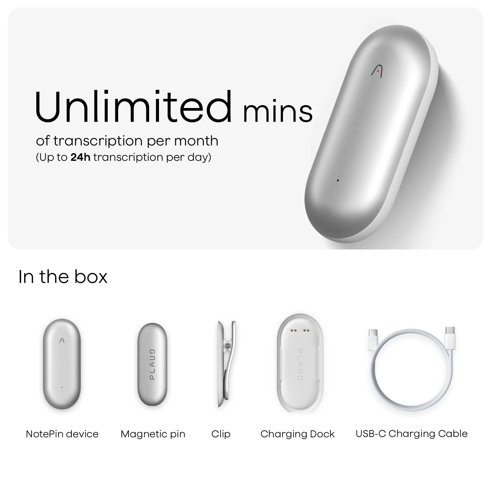 Plaud NotePin features unlimited transcription. Box contents: device, magnetic pin, clip, charging dock, and USB-C cable.