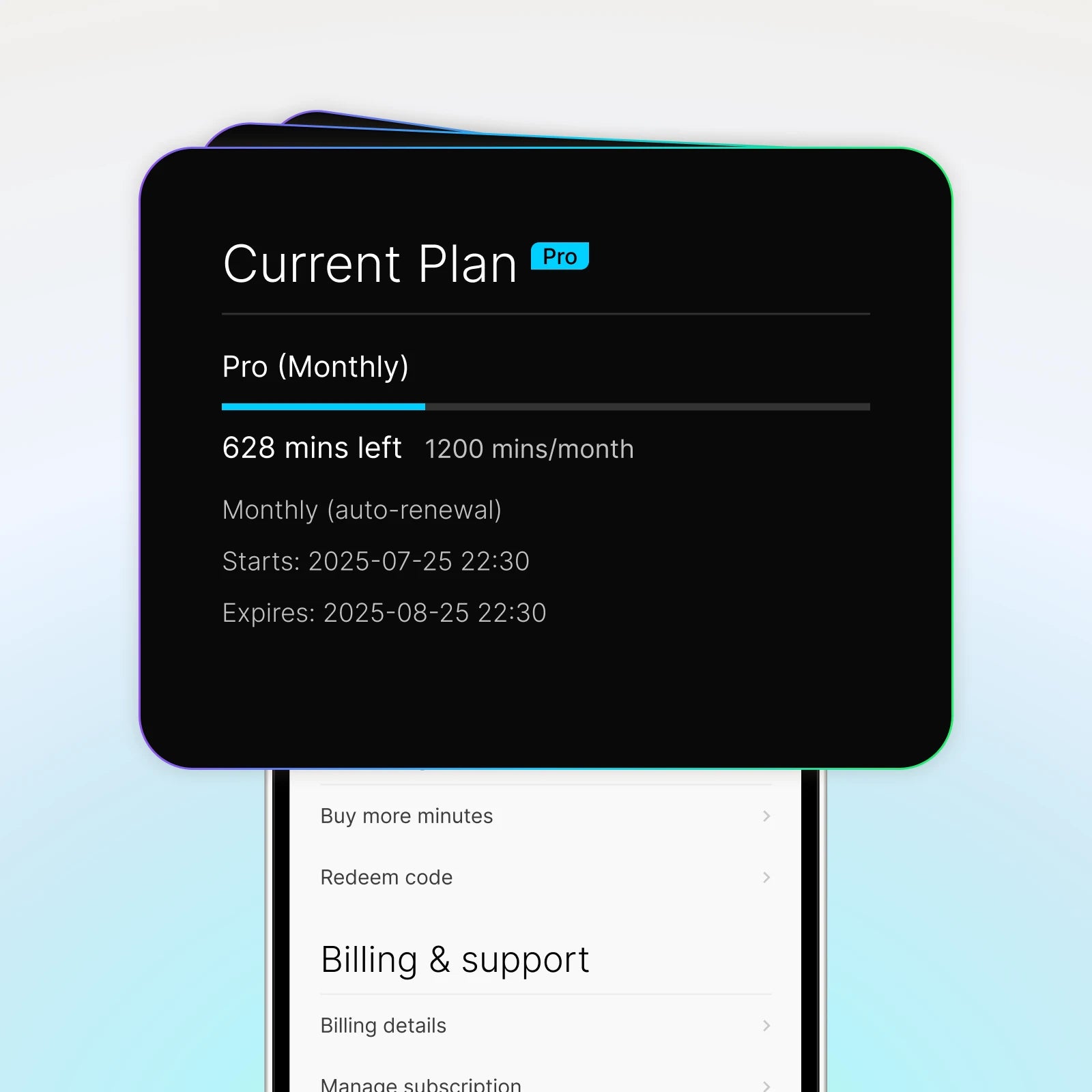 PLAUD Pro Monthly plan interface showing 628 transcription minutes remaining out of 1200.