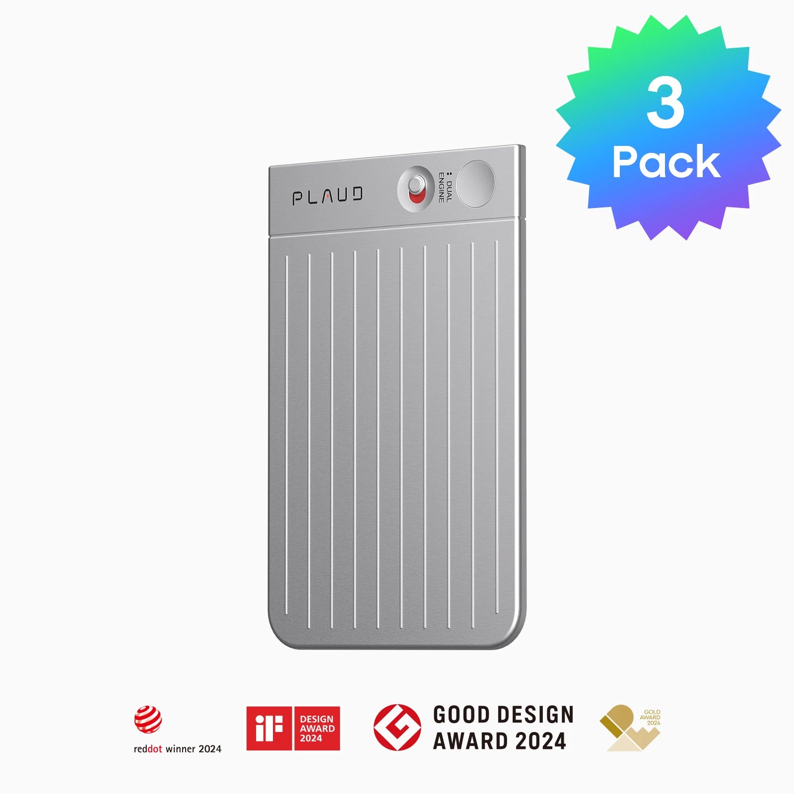 Silver PLAUD NOTE AI voice recorder 3-pack bundle with 2024 design award badges.