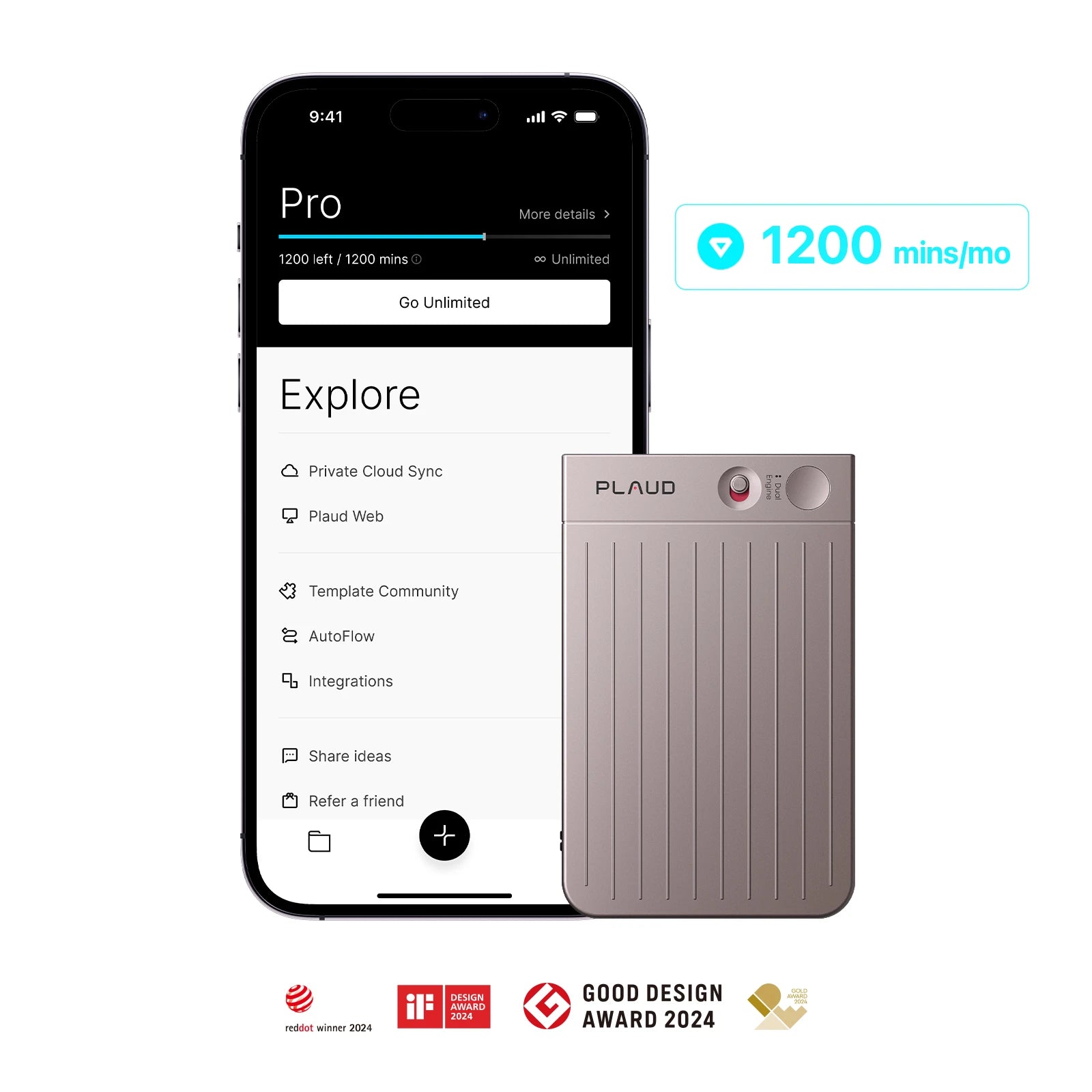 Plaud Note with the Plaud Intelligence Pro plan interface showing 1200 minutes per month and cloud sync.