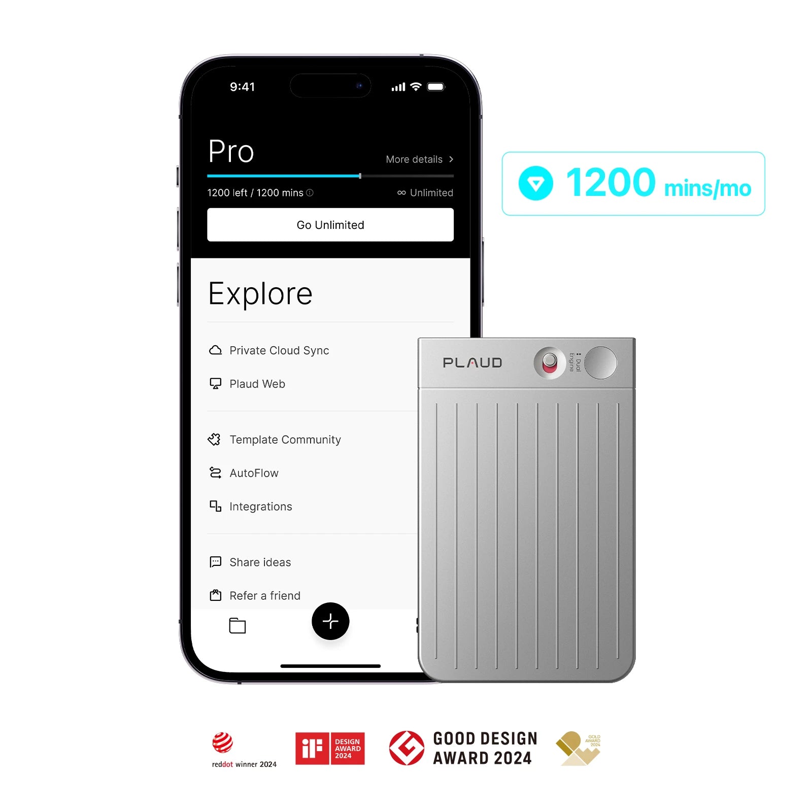 Plaud Note and app interface showing the Pro plan with 1200 minutes per month and award-winning design credentials.