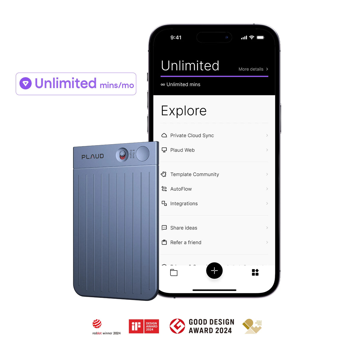 Plaud Note AI recorder next to a phone showing the Unlimited Plaud Intelligence plan and design awards.