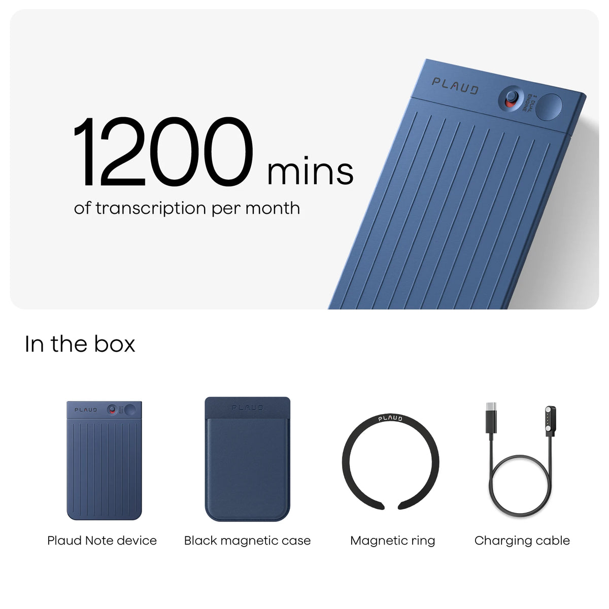Plaud Note with 1200 mins transcription/month. Includes device, black magnetic case, magnetic ring, and charging cable.