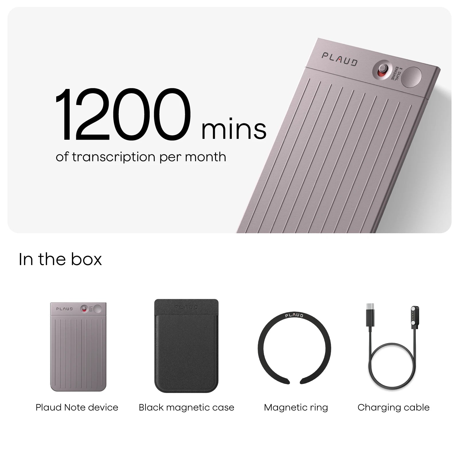Plaud Note: 1200 mins transcription/month. Box contents: device, magnetic case, magnetic ring, and charging cable.