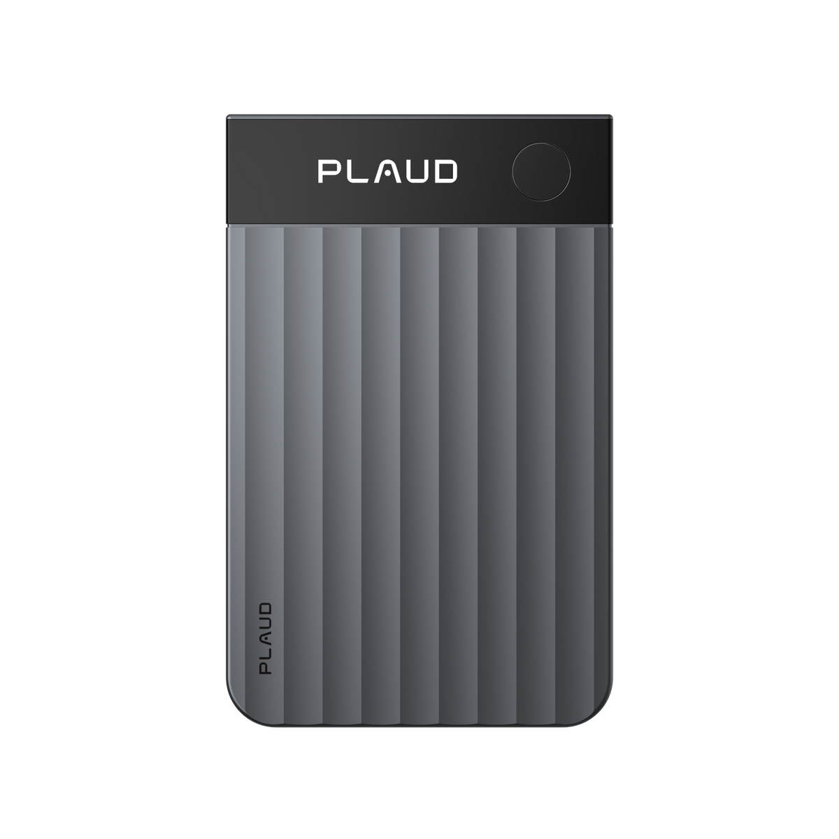 Front view of the grey Plaud Note Pro AI voice recorder featuring a ribbed texture and top control button.
