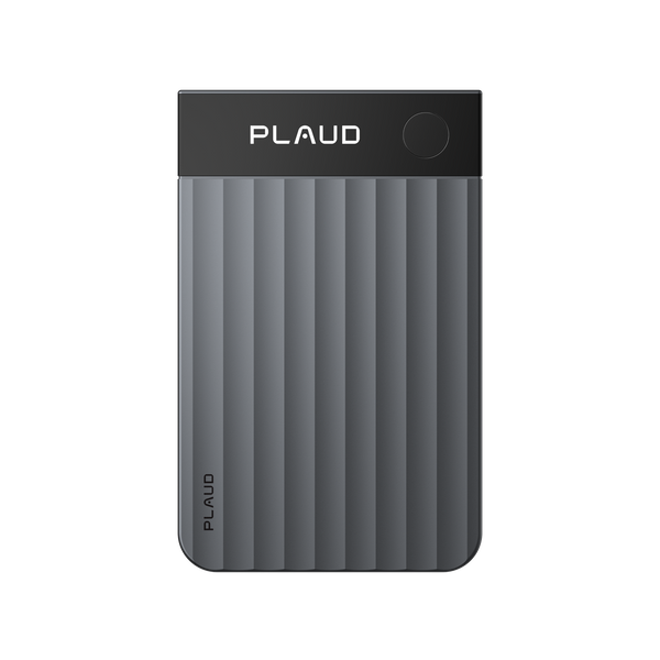 Front view of the grey Plaud Note Pro AI voice recorder featuring a ribbed texture and top control button.