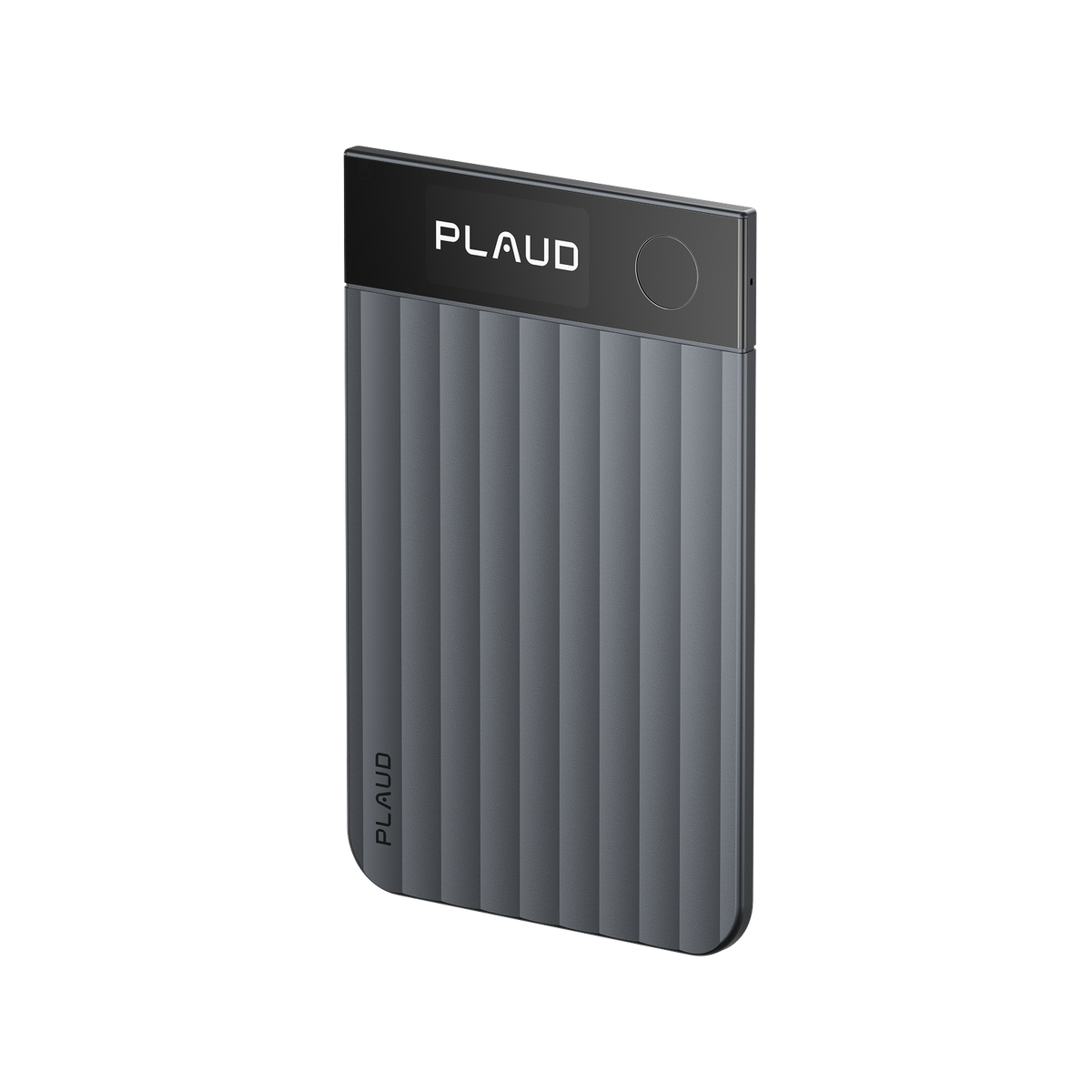 Plaud Note Pro AI voice recorder in grey featuring a slim, ribbed body and black top panel.