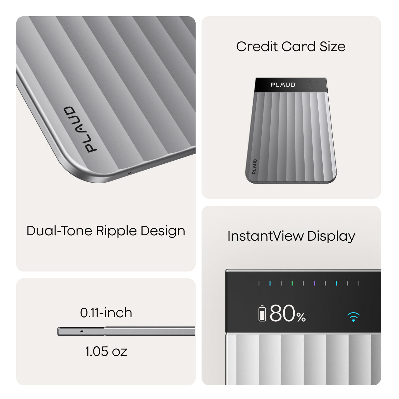 Plaud Note Pro features: credit card size, 0.11-inch thin, dual-tone ripple design, and InstantView display.