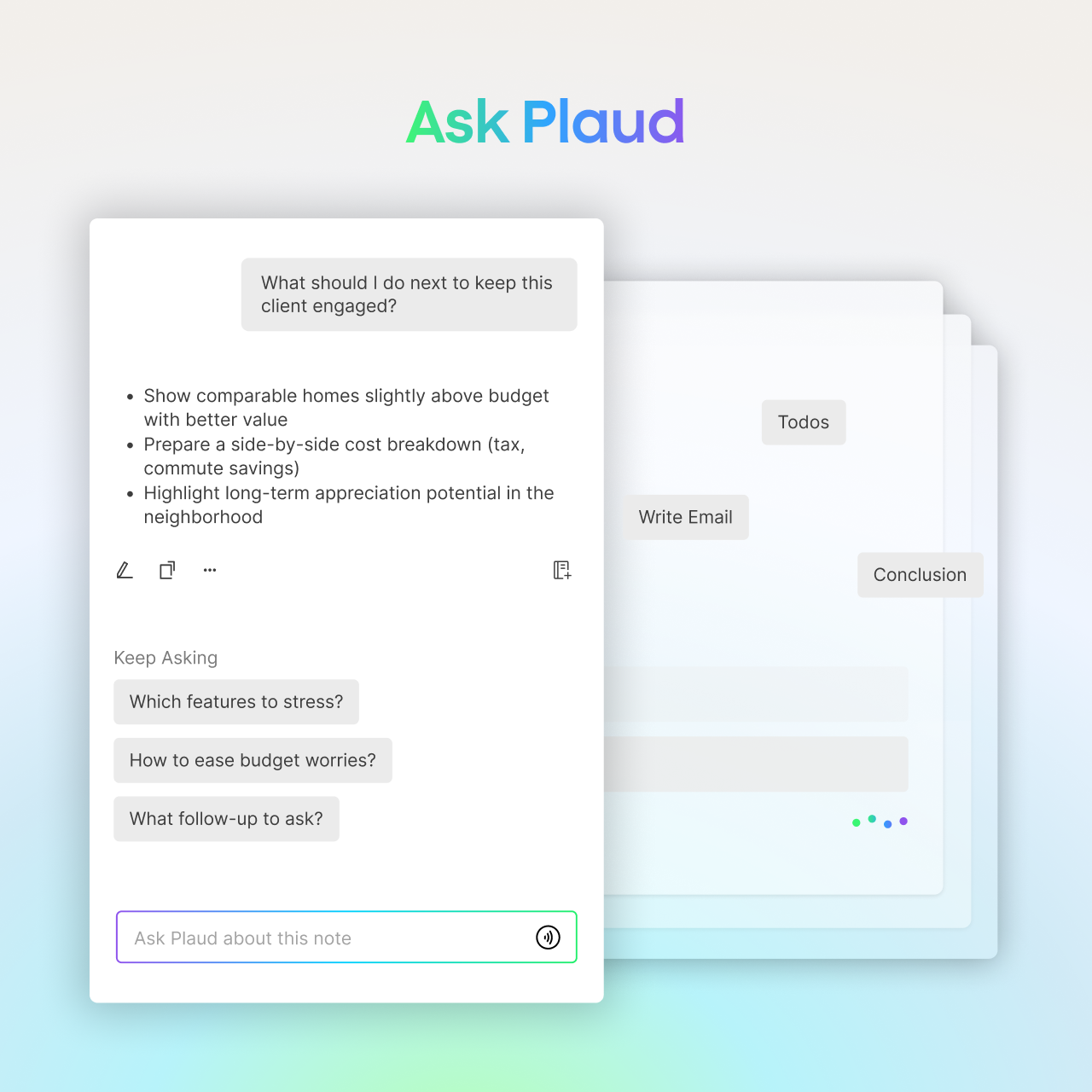Ask Plaud interface demonstrating AI-driven client engagement advice and follow-up question prompts.