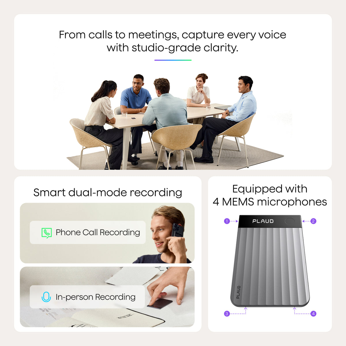 Plaud Note Pro features dual-mode recording for calls and meetings, utilizing 4 MEMS microphones for high-quality audio.