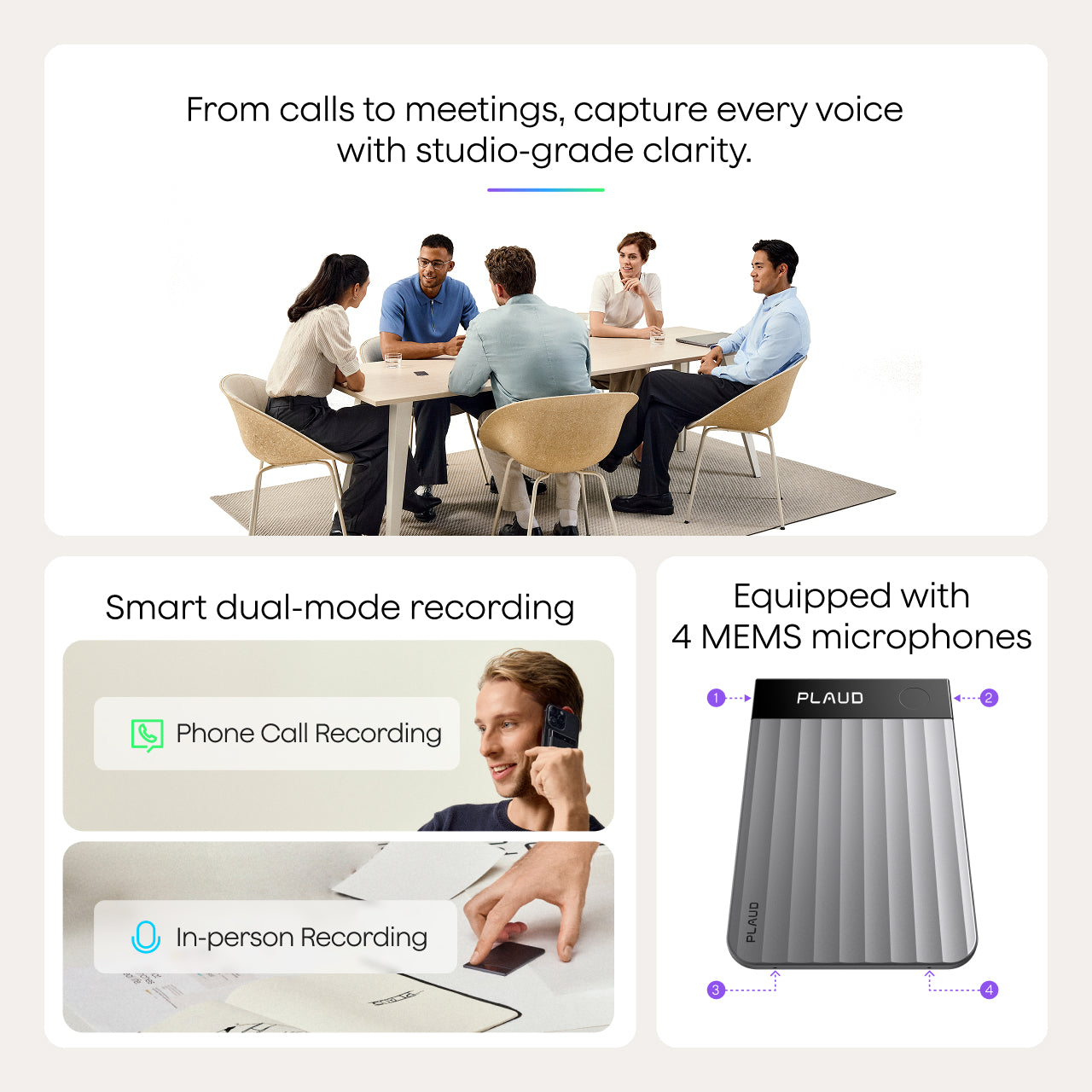 Plaud Note Pro supports dual-mode recording for calls and meetings, featuring 4 MEMS microphones for studio-grade clarity.