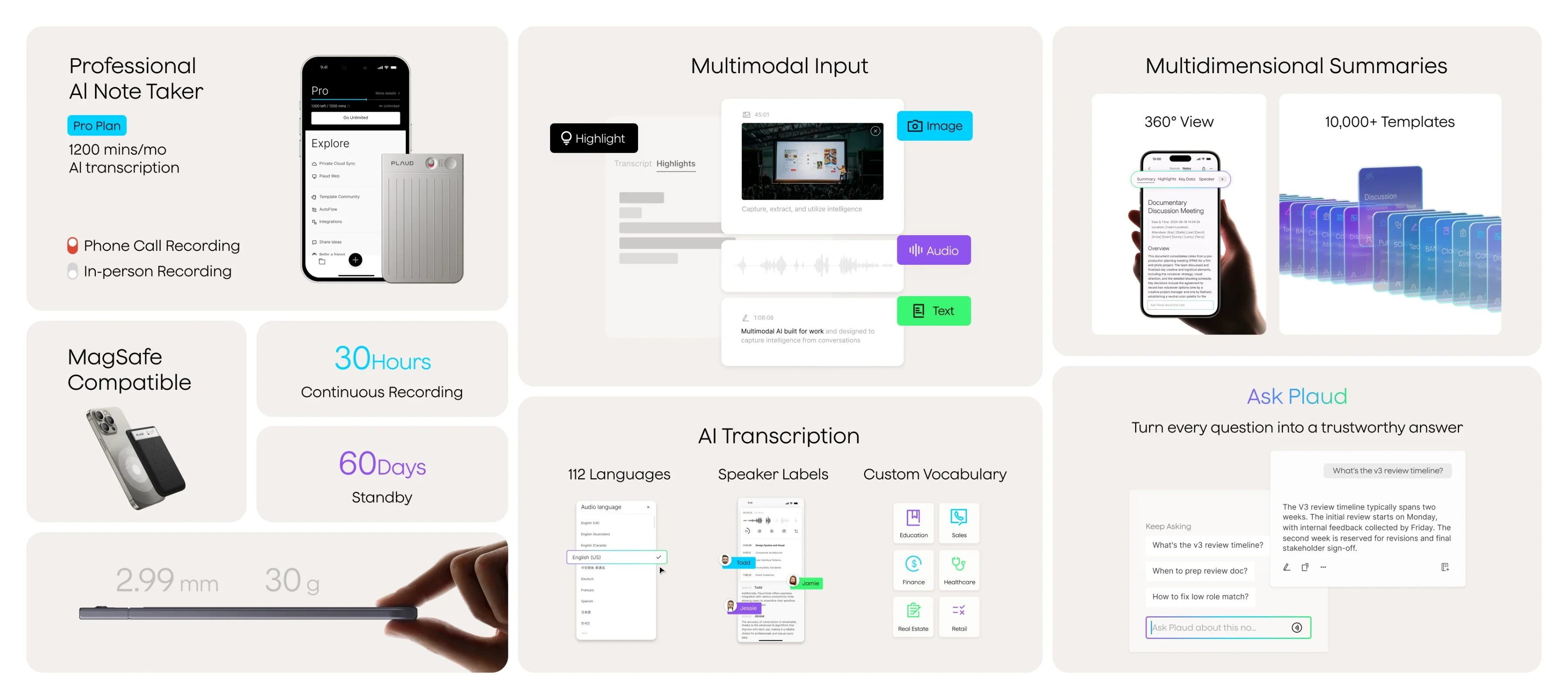 Plaud Note features: MagSafe design, 30-hour battery, 112-language AI transcription, and 10,000+ summary templates.