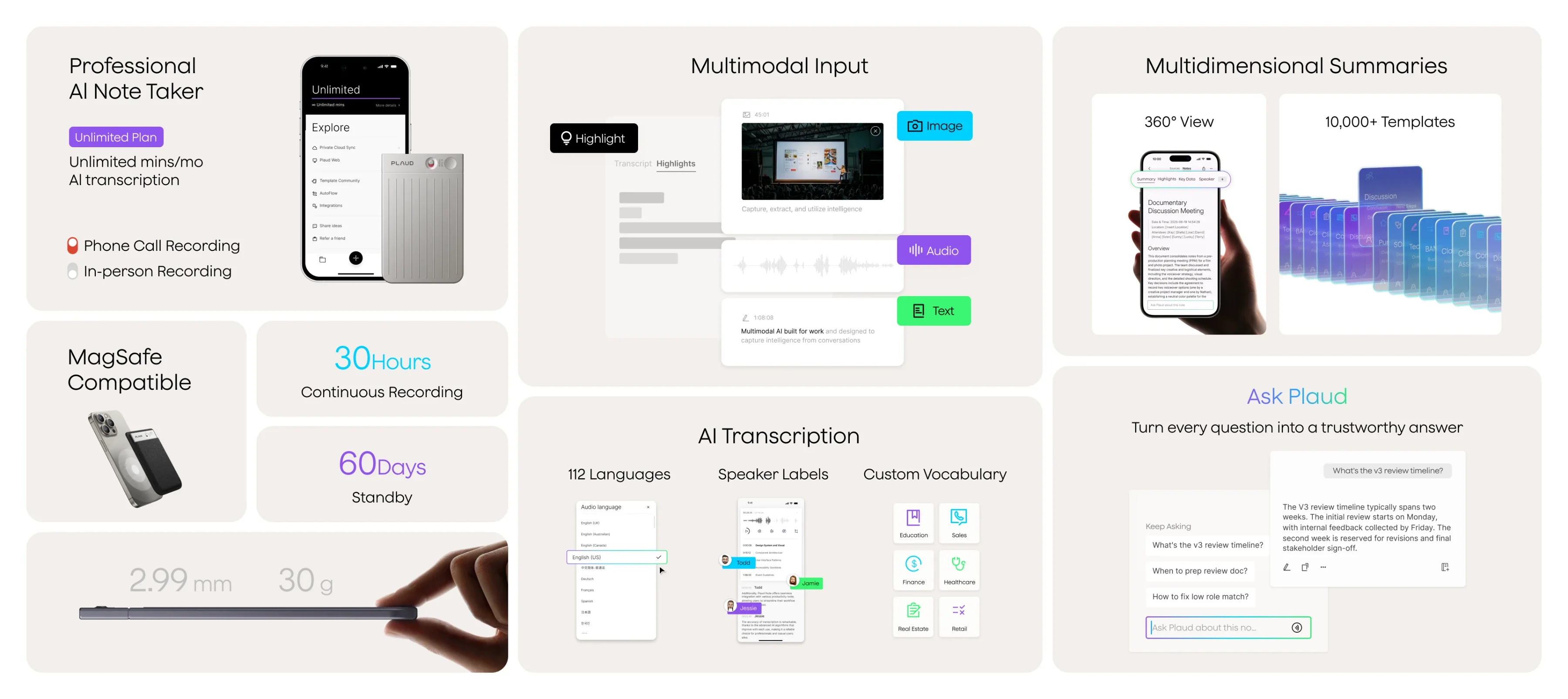 Plaud Note features: MagSafe, 30h recording, AI transcription in 112 languages, and AI summaries with Unlimited Plan.