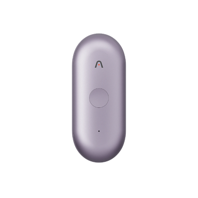 Purple PLAUD NotePin AI voice recorder with a central button and indicator light on a white background.
