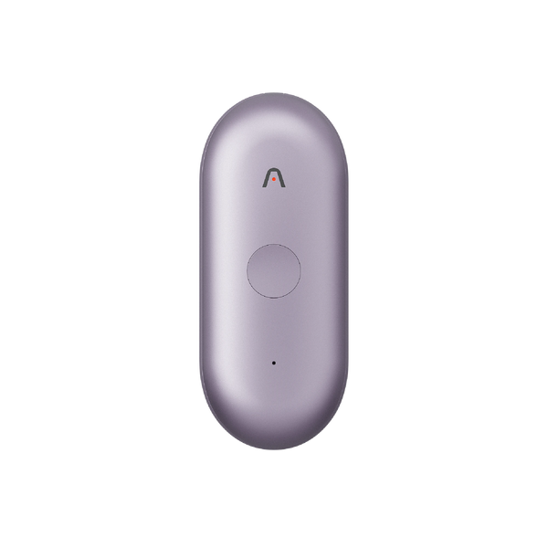 Purple PLAUD NotePin AI voice recorder with a central button and indicator light on a white background.