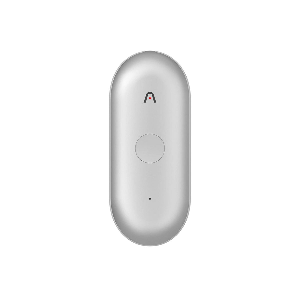 Silver Plaud NotePin wearable AI voice recorder featuring a sleek, pill-shaped design and central control button.