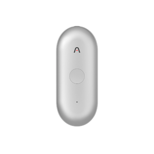 Silver Plaud NotePin wearable AI voice recorder featuring a sleek, pill-shaped design and central control button.
