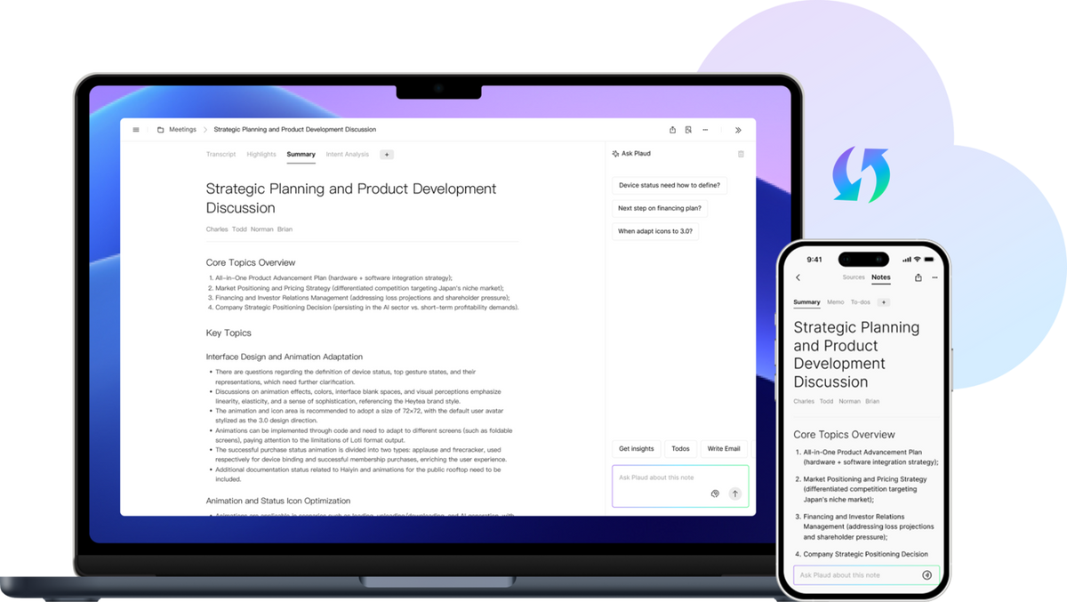 Plaud app on laptop and smartphone showing AI-generated meeting summaries and the Ask Plaud assistant.