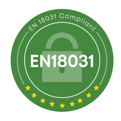 EN 18031 Compliant certification badge with a padlock icon, signifying cybersecurity and data protection standards.