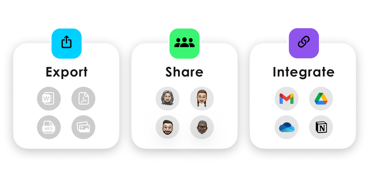 Plaud app features: Export to various formats, Share with others, and Integrate with apps like Gmail and Notion.